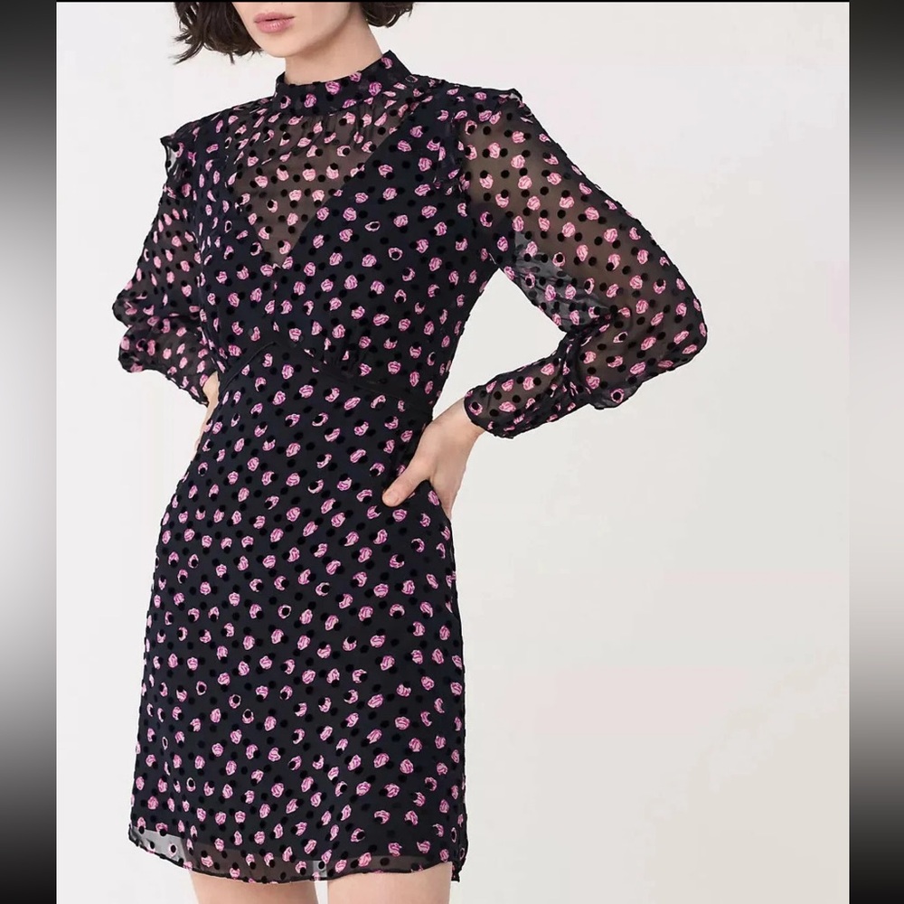 Diane Von Furstenberg Elinor Dot Rose Black Pink Ruffled Cocktail Long Slv Dress